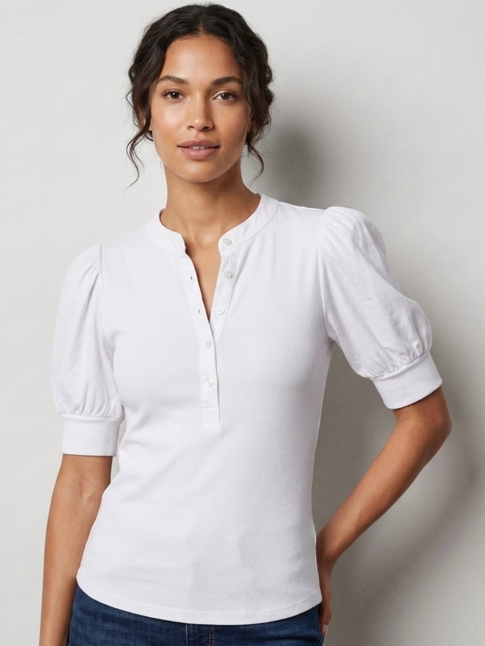 NWT Sundry Women’s White S Mixed Media fine ribbed Henley Puff Sleeve top